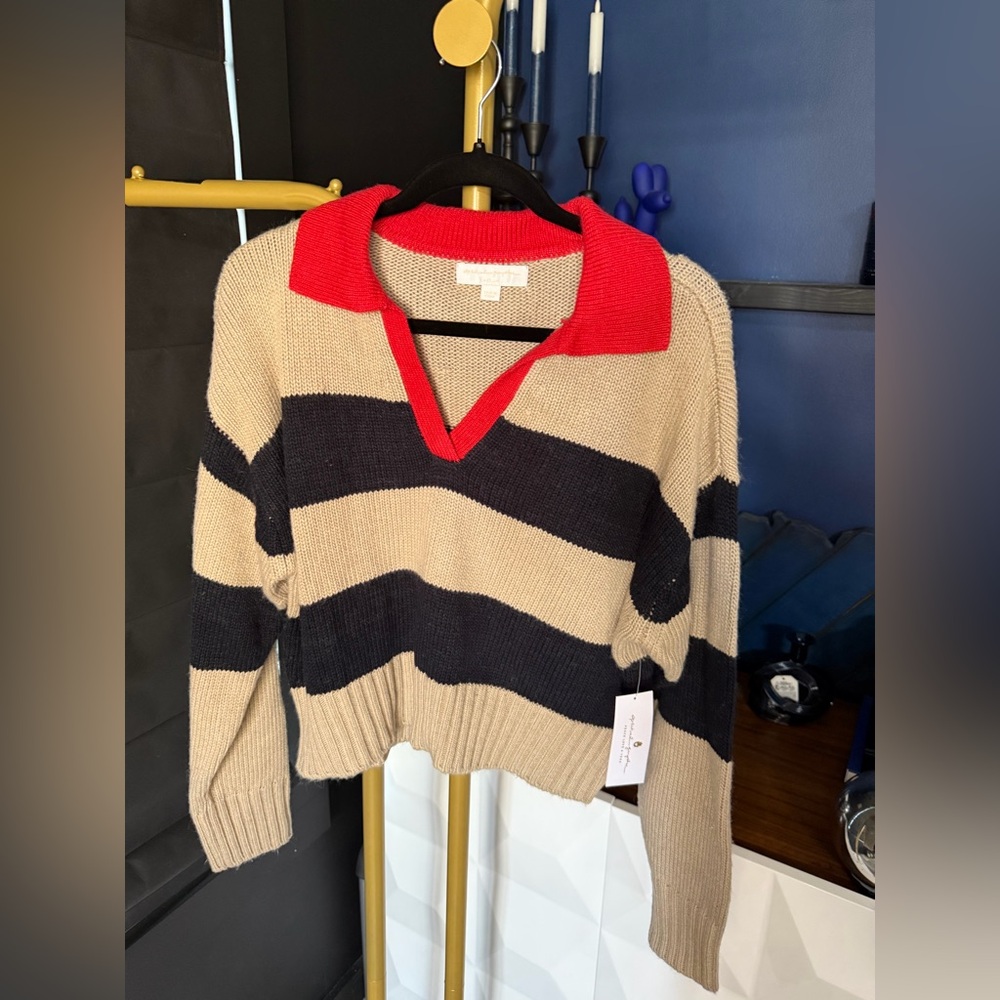 Spiritual Gangster Beige and Black Striped Sweater with Red Collar